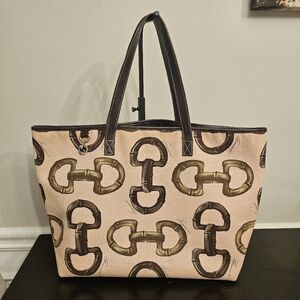 Gucci Horsebit Canvas Tote Large Brown Leather Trim